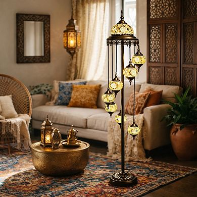 65"H Antique Bronze Spiral Turkish Lamp with 7 Hanging Mosaic Globes