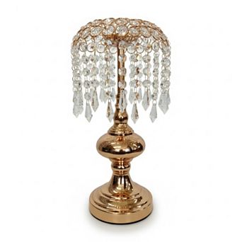 15"H Elegant Gold Base Candle Holder w/ Crystal Globe & Hanging Accents