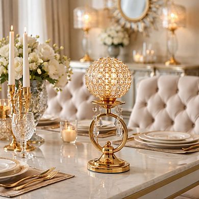 15"H Elegant Gold Base Candle Holder w/ Crystal Globe & Hanging Accents