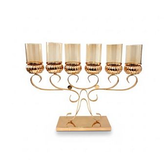 26"W Ornate Gold Stand w/ Six Cylindrical Glass Cups Candle Holder