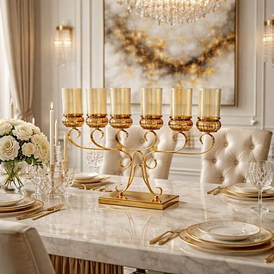26"W Ornate Gold Stand w/ Six Cylindrical Glass Cups Candle Holder
