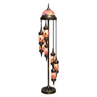 73"H Bronze Spiral Turkish Lamp with 7 Hanging Mosaic Lanterns