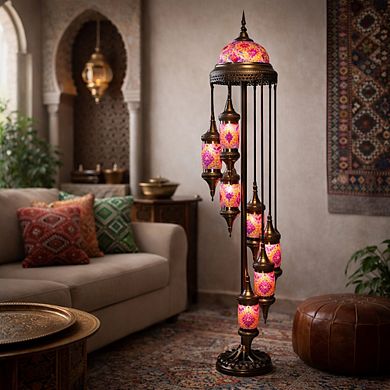 73"H Bronze Spiral Turkish Lamp with 7 Hanging Mosaic Lanterns