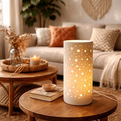 11"H Gold Starry Cutout Glow Cylinder LED Table Lamp