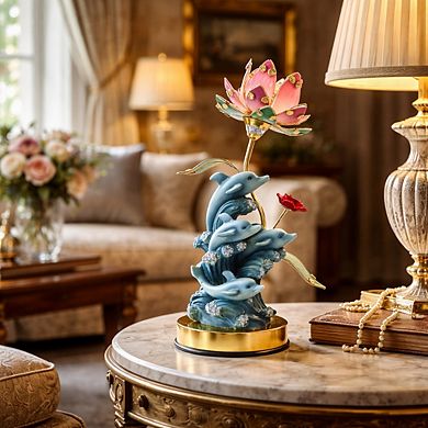 16"H Blue Elegant Dolphins Floral Touch Lamp