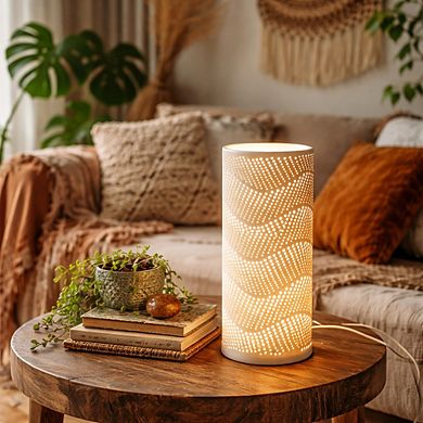 11"H Matte Gold Wavy Cutout Glow Cylinder LED Table Lamp