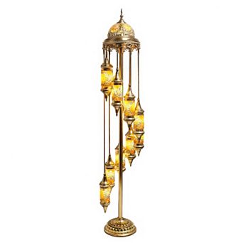 81"H Gold Spiral Turkish Lamp with 9 Yellow Multicolor Mosaic Lanterns