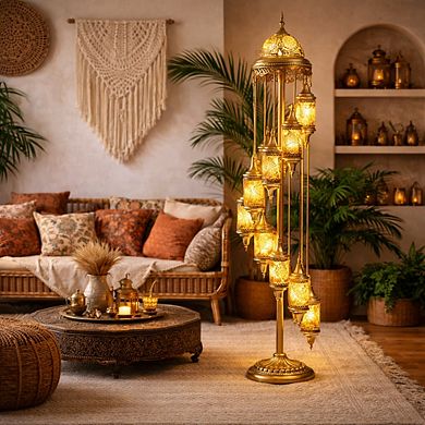 81"H Gold Spiral Turkish Lamp with 9 Yellow Multicolor Mosaic Lanterns