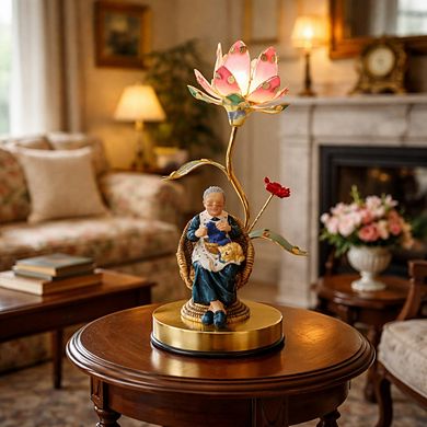 16"H Multicolor Grandma Knitting Figurine with Floral Accent Touch Lamp