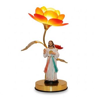 16"H Multicolor Divine Mercy Relegious Statue with Floral Touch Lamp