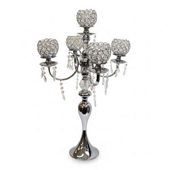 30"H Silver Five-Arm Stand w/ Crystal Globe Cups Candle Holder