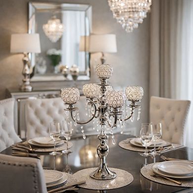 30"H Silver Five-Arm Stand w/ Crystal Globe Cups Candle Holder