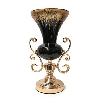 16.5"H Black & Gold Trophy-Style Vase w/ Decorative Handles Candle Holder