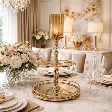 16.5"H Black & Gold Trophy-Style Vase w/ Decorative Handles Candle Holder