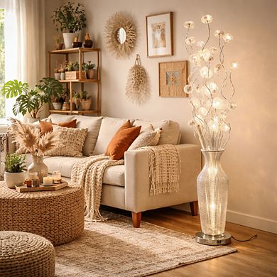 60"H Silver Textured Vase with Metallic Floral Stem LED Floor Lamp