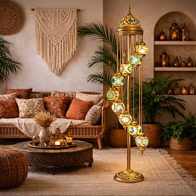 82"H Antique Gold Spiral Turkish Lamp with 11 Hanging Mosaic Globes