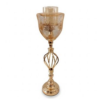 26.5"H Ornate Gold Frame w/ Tulip Mesh Cover & Clear Glass Center Candle Holder