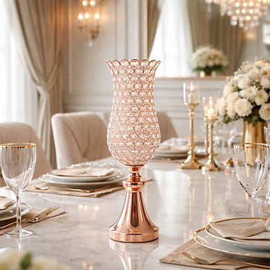 18"H Rose Gold Pedestal Base w/ Crystal Lattice Cylinder Candle Holder