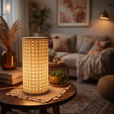 11"H Gold Grid Cutout Ambient Glow Cylinder LED Lamp