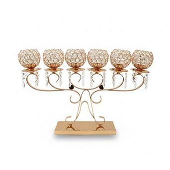 25"W Elegant Gold Stand w/ Six Textured Crystal Cups Candle Holder