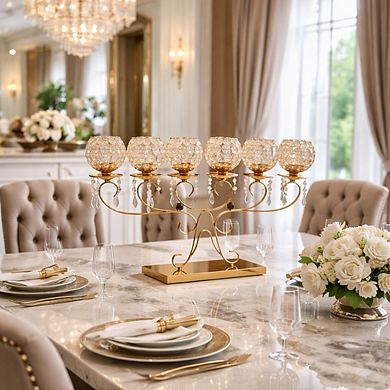 25"W Elegant Gold Stand w/ Six Textured Crystal Cups Candle Holder