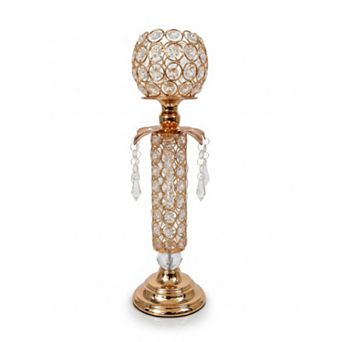 15"H Polished Gold Pedestal Base w/ Faceted Crystal Globe Candle Holder
