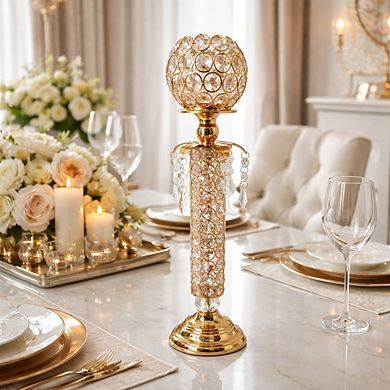 15"H Polished Gold Pedestal Base w/ Faceted Crystal Globe Candle Holder