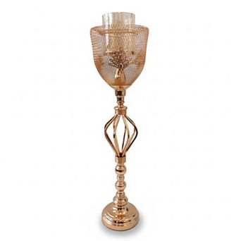 29"H Ornate Gold Frame w/ Tulip Mesh Cover & Clear Glass Center Candle Holder