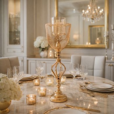 29"H Ornate Gold Frame w/ Tulip Mesh Cover & Clear Glass Center Candle Holder