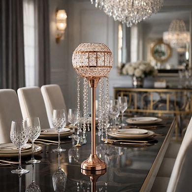 36"H Rose Gold Pedestal Base w/ Crystal Sphere Shade Candle Holder