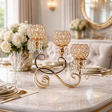 16"W Sparkling Gold Triple Arm Holder w/ Crystal-Embellished Cups