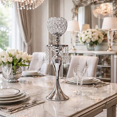 20.5"H Polished Silver Frame w/ Sculptural Stem & Crystal Tassel Bowl Candle Holder