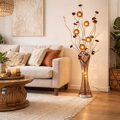 58"H Brown Woven Vase with Floral Stem LED Floor Lamp