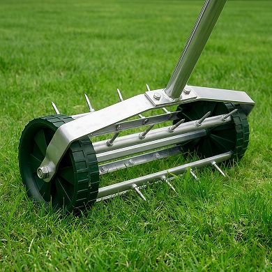 Heavy Duty Rolling Lawn Aerator Rotary Push Spike Tine Soil Aerator with Steel Handle