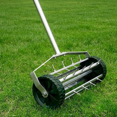 Heavy Duty Rolling Lawn Aerator Rotary Push Spike Tine Soil Aerator with Steel Handle