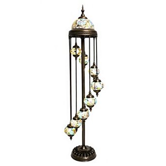 74"H Antique Bronze Spiral Turkish Lamp with 9 Hanging Mosaic Globes