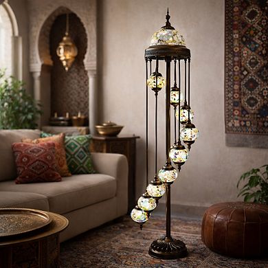 74"H Antique Bronze Spiral Turkish Lamp with 9 Hanging Mosaic Globes