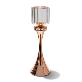 21"H Polished Rose Gold Flared Pedestal w/ Faceted Glass Cup Candle Holder