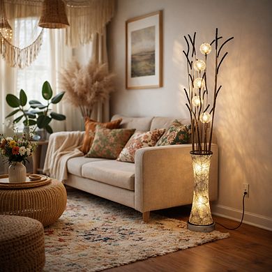 60"H Black Patterned Vase with Silver Glowing Floral Branch LED Floor Lamp