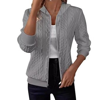 Zip Up Cardigan for Women Cable Knit Hoodie Long Sleeve Oversized Outwear Drawstring Sweatshirts