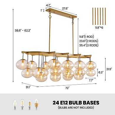 Moooni 24 Lights 72" Gold Modern Rectangle Crystal Chandelier Pendant Light Fixture No Bulbs
