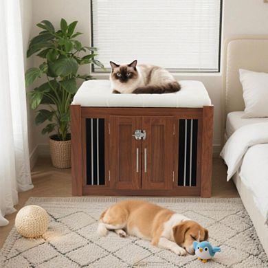 IFMALL Multifunctional Storage Ottoman with Pet Crate and Removable Cushion