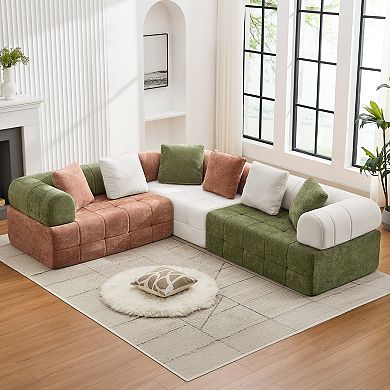 Modern Chenille Sectional Sofa with Chaise, Two-Tone Design, 4-Seater or 6-Seater
