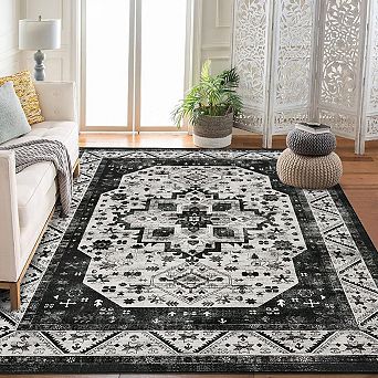 Washable Area Rug, Vintage Floral Soft Low-Pile Durable Carpet with Non-Slip Backing, for Bedroom