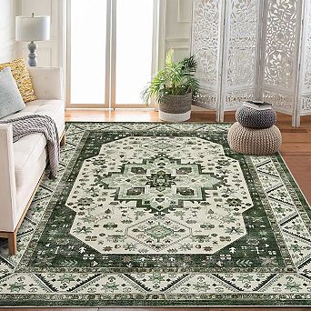 Washable Area Rug, Vintage Floral Soft Low-Pile Durable Carpet with Non-Slip Backing, for Bedroom