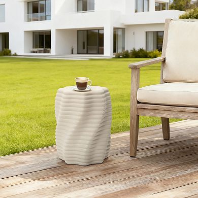 LuxenHome 18" Outdoor Side Table, Beige Sculptural Patio Side Table, Small Round End Table