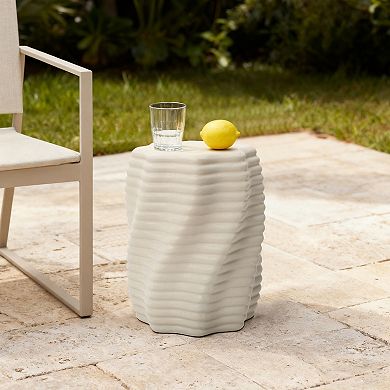 LuxenHome 18" Outdoor Side Table, Beige Sculptural Patio Side Table, Small Round End Table