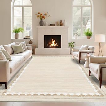 Washable Scalloped Border Rug - Non-Slip Foldable Ultra-Thin Carpet for Home