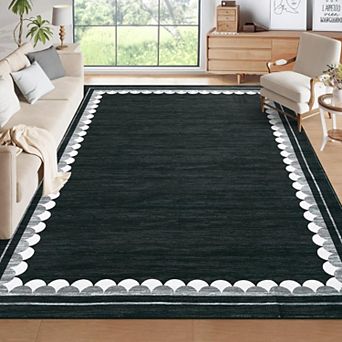 Washable Scalloped Border Rug - Non-Slip Foldable Ultra-Thin Carpet for Home