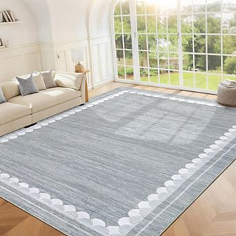 Washable Scalloped Border Rug - Non-Slip Foldable Ultra-Thin Carpet for Home